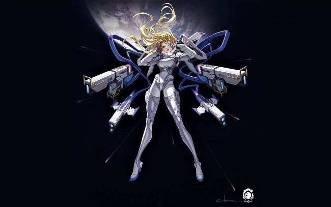 Обои картинки фото аниме, оружие,  техника,  технологии, девушка, планета