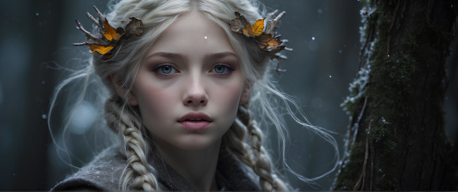 Обои картинки фото фэнтези, девушки, девушка, арт, волосы, ветки, листья, взгляд