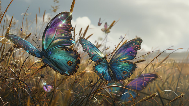 Обои картинки фото 3д графика, животные , animals, трава, бабочки, пара, арт
