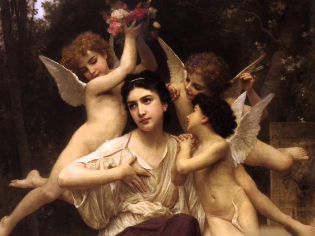 Обои картинки фото adolphe-william bouguereau, рисованное, женщина, ангелы, цветы