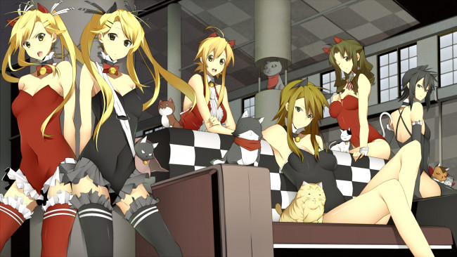 Обои картинки фото аниме, nyankoi, девушки, неки, кошки