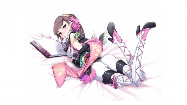 Обои картинки фото аниме, *unknown, другое, крылья, цветы, девушка, взгляд, карты, книга