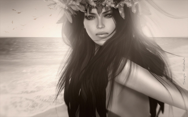 Обои картинки фото 3д, графика, people, люди, волосы, море, девушка, венок