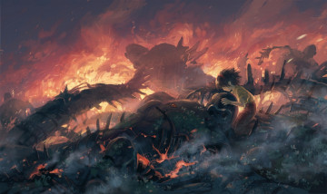 Картинка фэнтези люди пожар ребенок развалины детали роботы