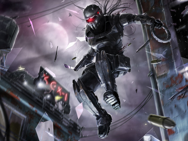 Обои картинки фото фэнтези, роботы,  киборги,  механизмы, робот, будущее, прыжок, киборг