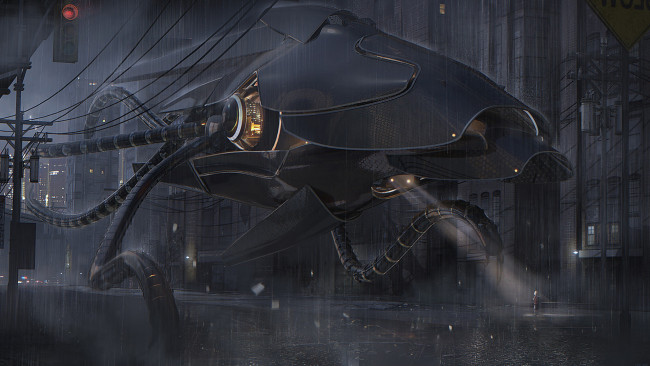 Обои картинки фото фэнтези, роботы,  киборги,  механизмы, город, улица, машина, мир, робот, иной