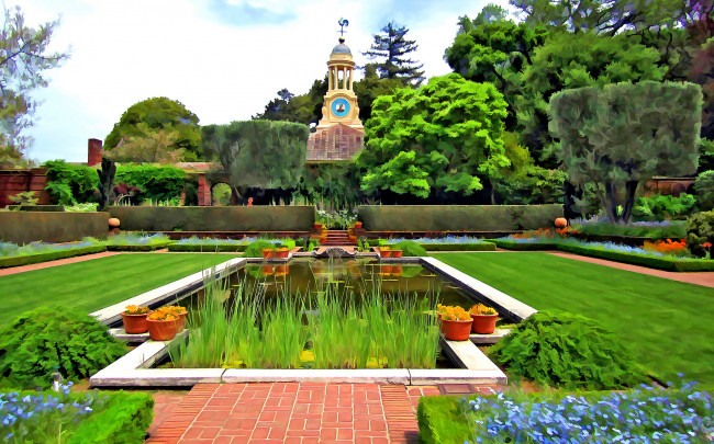 Обои картинки фото разное, компьютерный дизайн, цветы, фонтан, парк