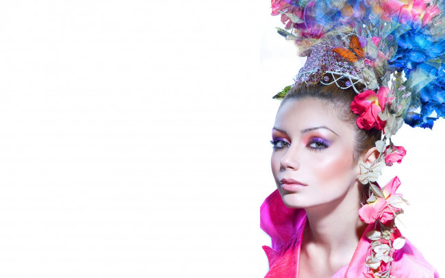 Обои картинки фото девушки, -unsort , креатив, бабочка, цветы, взгляд, макияж, девушка, лицо