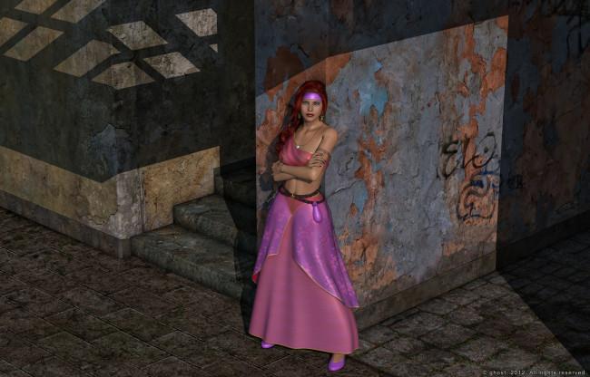 Обои картинки фото 3д графика, people , люди, платье, стена, девушка, взгляд, фон