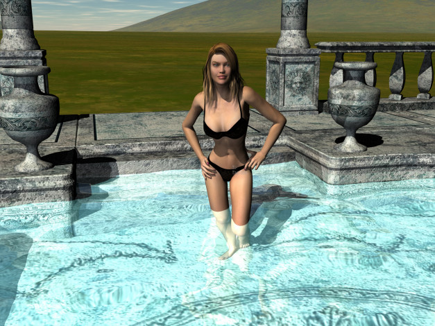 Обои картинки фото 3д графика, люди , people, взгляд, девушка, бассейн, фон