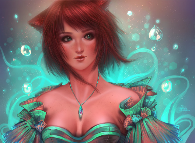 Обои картинки фото рисованное, люди, ушки, волосы, шея, украшение, платье, лицо, взгляд, зеленые, глаза, девушка