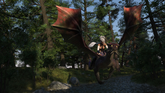 Обои картинки фото 3д графика, фантазия , fantasy, лес, дракон, полет, девушка