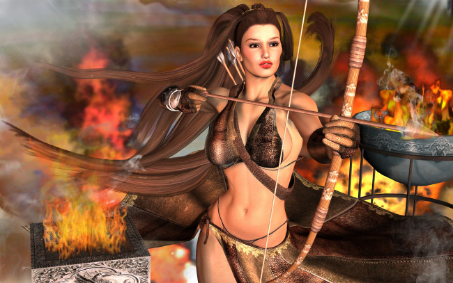 Обои картинки фото 3д графика, амазонки , amazon, взгляд, фон, девушка, огонь, лук