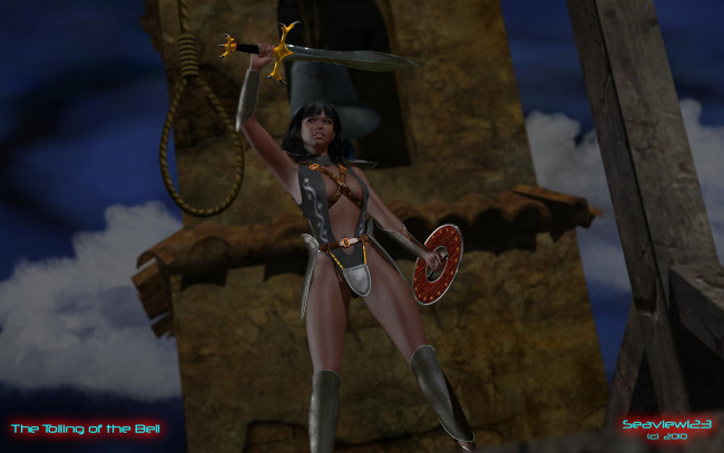 Обои картинки фото 3д графика, фантазия , fantasy, щит, меч, фон, взгляд, девушка