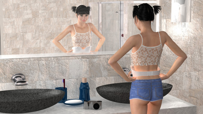 Обои картинки фото 3д графика, люди , people, девушка, взгляд, фон, зеркало