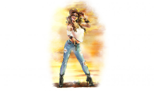 Обои картинки фото рисованное, люди, девушка, фон, взгляд, улыбка, револьвер, шляпа