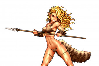 Картинка аниме оружие +техника +технологии копьё фон эльф девушка взгляд