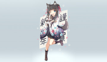 Картинка аниме животные +существа девушка взгляд фон