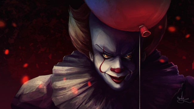 Обои картинки фото рисованное, кино, pennywise, демон, оно, клоун, воздушный, шарик, фильм
