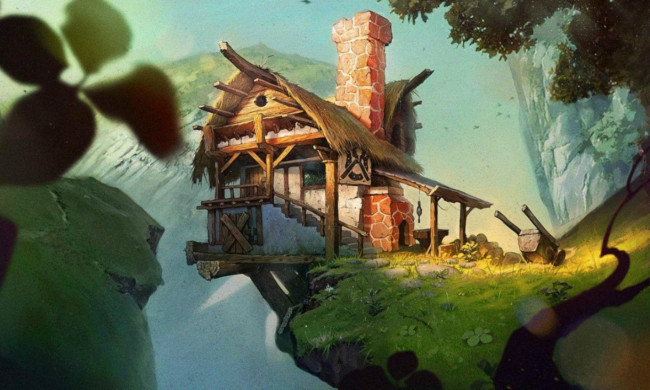 Обои картинки фото фэнтези, другое, горы, домик, тачка, пропасть