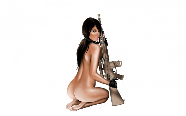 Обои картинки фото рисованное, люди, автомат, взгляд, фон, девушка