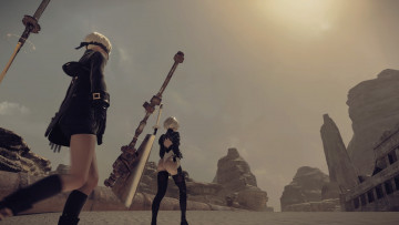 Картинка видео+игры nier +automata девушка 2в развалины 9s парень андроиды