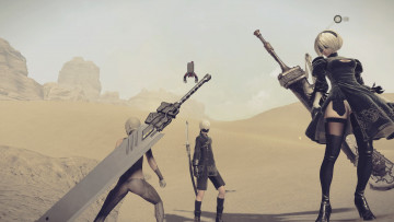 Картинка видео+игры nier +automata пустыня 2в 9s парень андроиды девушка оружие