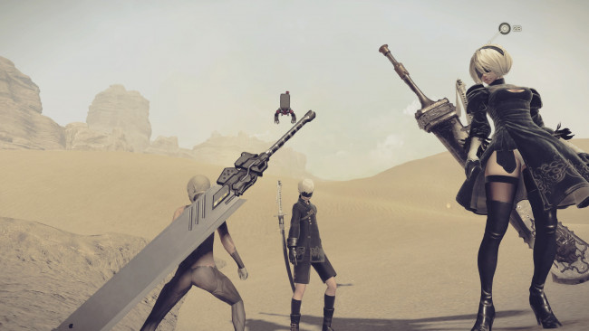 Обои картинки фото видео игры, nier,  automata, пустыня, 2в, 9s, парень, андроиды, девушка, оружие