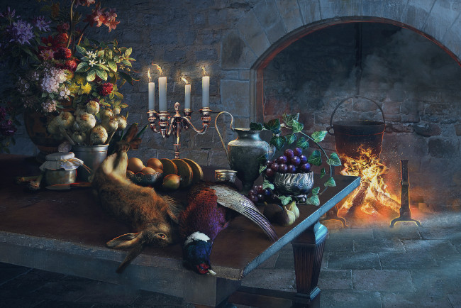 Обои картинки фото рисованное, живопись, фазан, кролик, еда, камин, стол, котелок, огонь