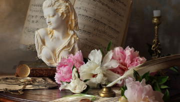 Картинка разное канцелярия +книги бюст ноты свеча пионы перо композиция