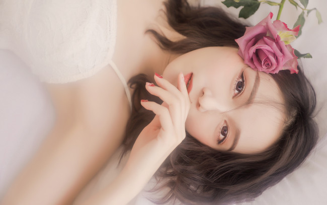 Обои картинки фото девушки, - лица,  портреты, лицо, роза