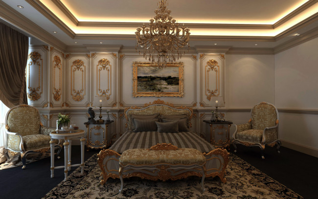 Обои картинки фото интерьер, спальня, картина, люстра, кровать