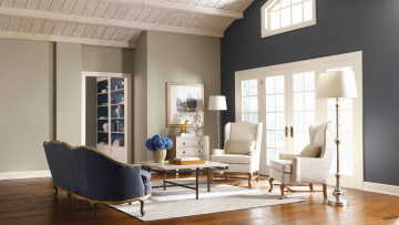 Картинка интерьер гостиная кресла торшеры букет