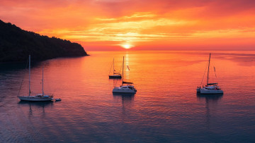 обоя корабли, яхты, залив, закат