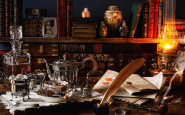 Картинка еда натюрморт лампа чайник коньяк сахар чернильница перо