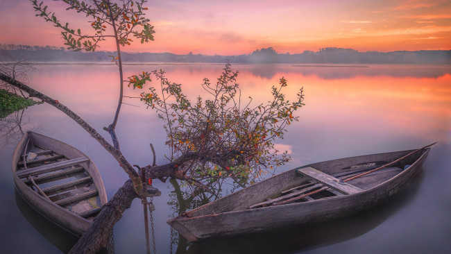 Обои картинки фото корабли, лодки,  шлюпки, озеро, закат