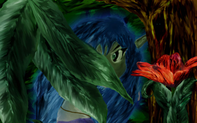 Обои картинки фото 295368, рисованное, животные,  сказочные,  мифические, цветок, дерево, лес