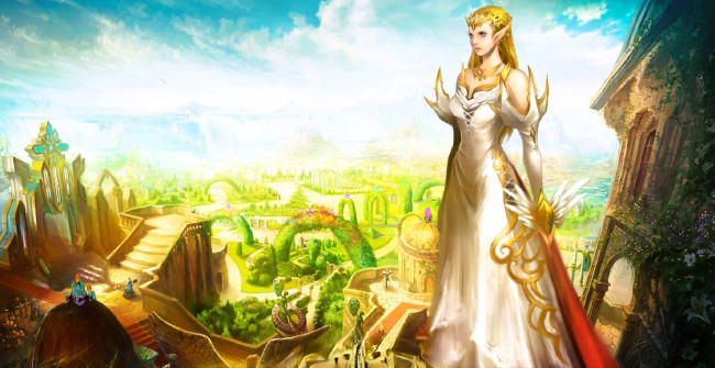 Обои картинки фото видео игры, mummy online, девушка, эльфийка, платье, город