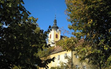 Картинка города католические соборы костелы аббатства башня деревья