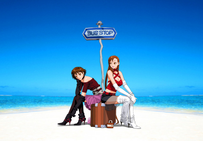 Обои картинки фото аниме, *unknown, другое, юбка, две, девушки, карие, глаза, короткие, волосы, каштановые, длинные, чулки