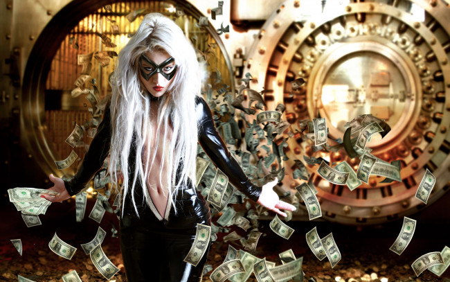 Обои картинки фото -Unsort Креатив, девушки, unsort, креатив, доллары, маска, ограбление, баксы, деньги, купюры, хранилище, костюм, монеты