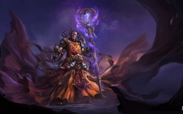 Картинка фэнтези маги +волшебники магия посох парень горы арт ночь po+hung+chen