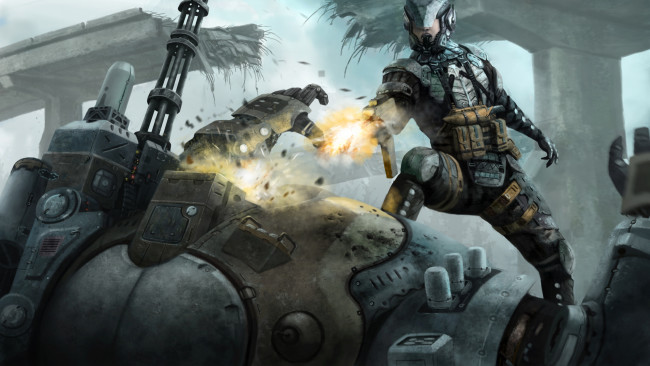 Обои картинки фото фэнтези, роботы,  киборги,  механизмы, машина, робот, оружие, костюм, броня, восстание, человек