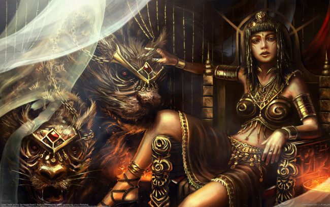 Обои картинки фото bryan sola, фэнтези, красавицы и чудовища, bryan, sola, существа, дикие, кошки, девушка, царица, чудовища