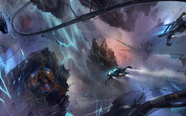 Обои картинки фото фэнтези, космические корабли,  звездолеты,  станции, полет, провода, молнии, космические, корабли, горы, скалы, арт, ночь