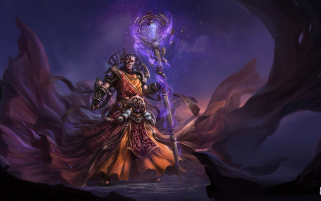 Обои картинки фото фэнтези, маги,  волшебники, магия, посох, парень, горы, арт, ночь, po hung chen