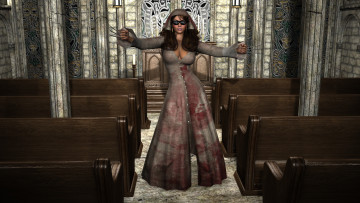 Картинка 3д+графика фантазия+ fantasy девушка взгляд фон скамейки шипы