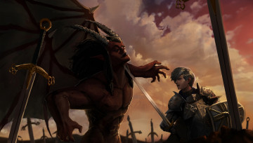 Картинка фэнтези демоны меч доспехи воин демон сражение