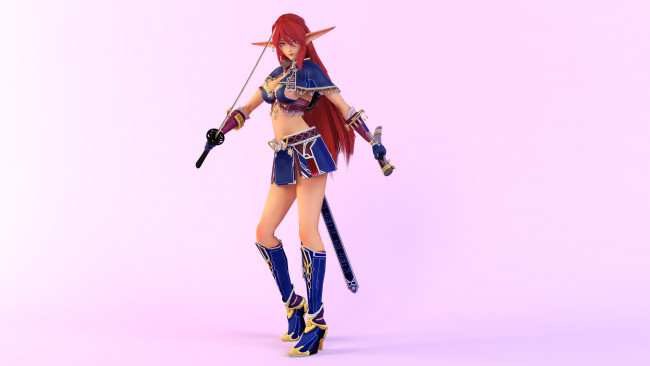 Обои картинки фото 3д графика, эльфы , elves, эльфийка, взгляд, фон, оружие, рыжая