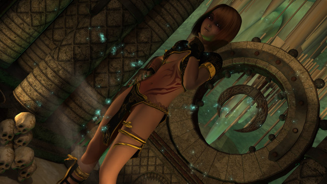 Обои картинки фото 3д графика, фантазия , fantasy, девушка, взгляд, фон, черепа